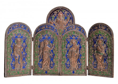 Triptyque en cuivre gaufré et émaux polychrome